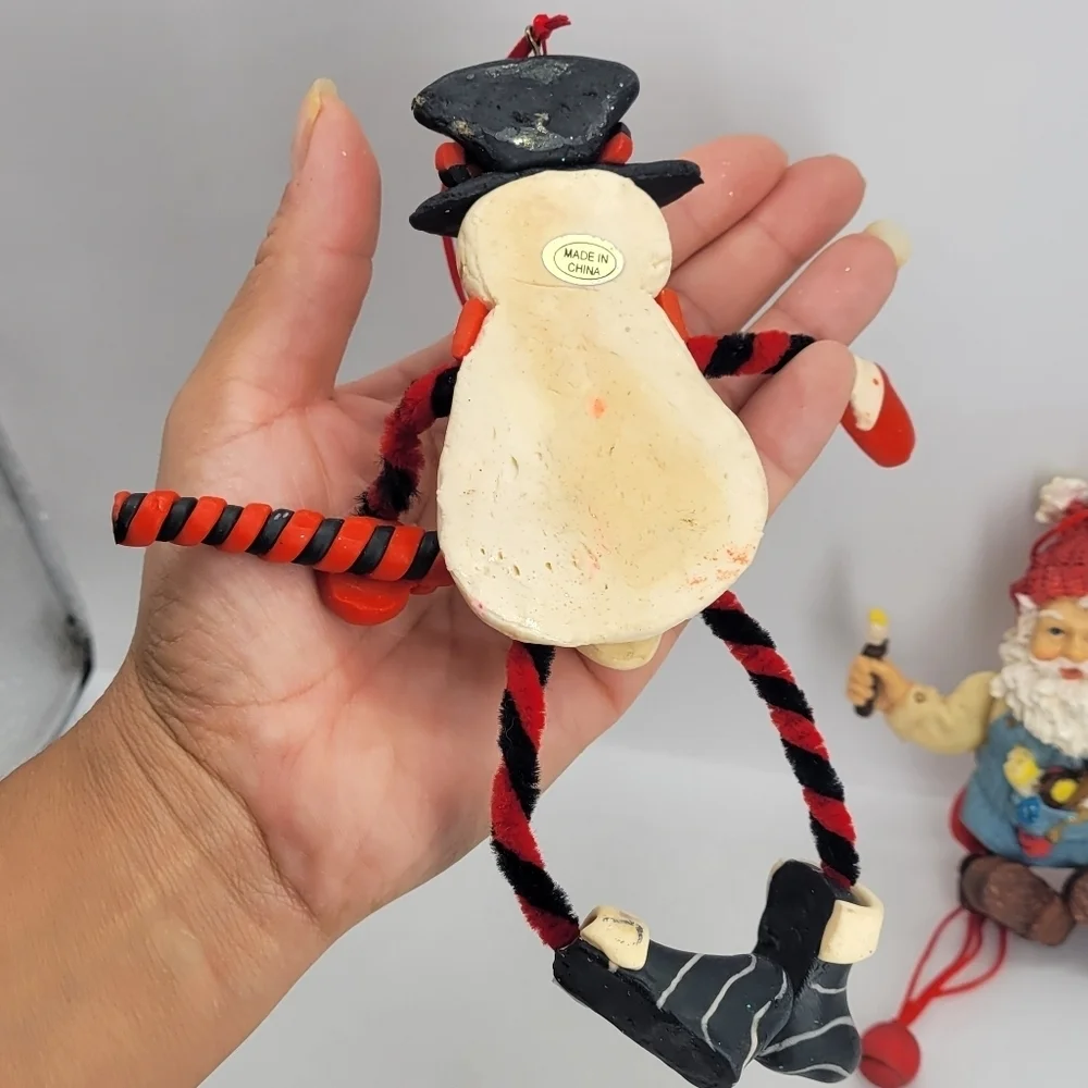 Christmas Tree Ornament Set of 4 Snowman Santa Legs Arms FLexiible Handpainted